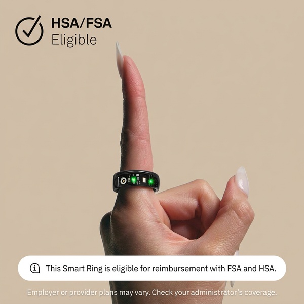 A clean, minimalist 1:1 image featuring a user wearing a smart ring with an overlaid badge confirming HSA and FSA account eligibility.